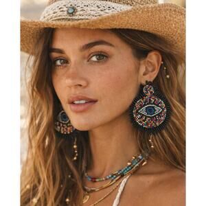 Kay Lee Black Evil Eye Round Beaded Earrings New